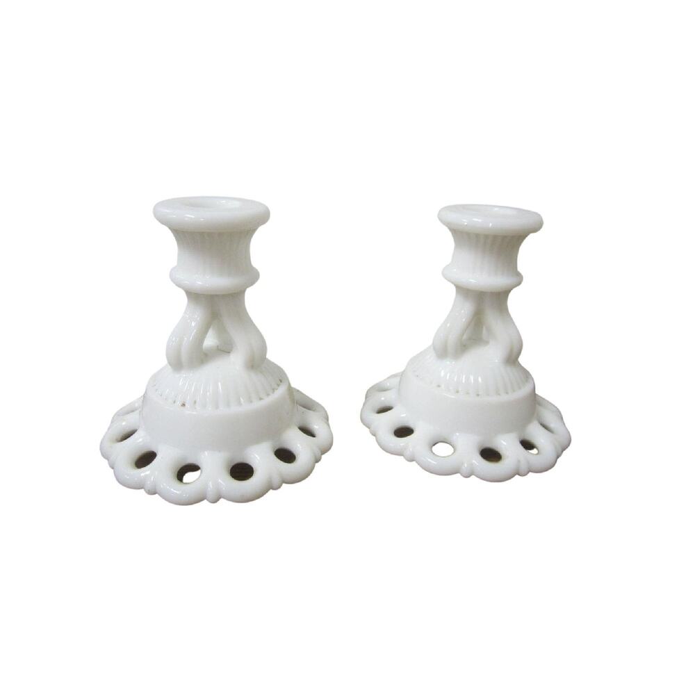 Vintage Milk Glass Candle Holders in Doric Lace by Westmoreland Glass 1960s